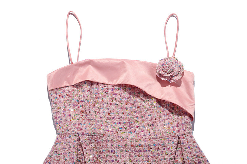 Pink Whimsy Designer Dress – Spaghetti Straps Midi in Textured Tweed