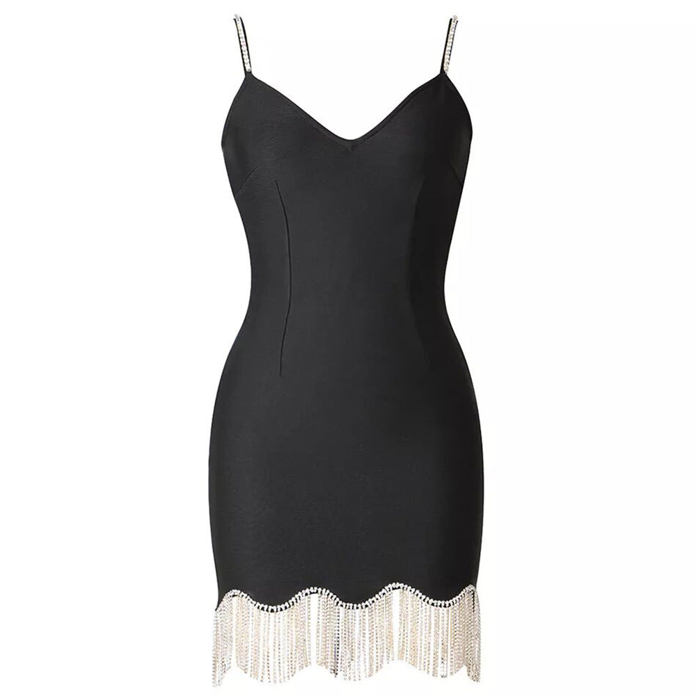 Black Sequin Fringe Mini Dress – Sparkly Spaghetti Strap Party Dress