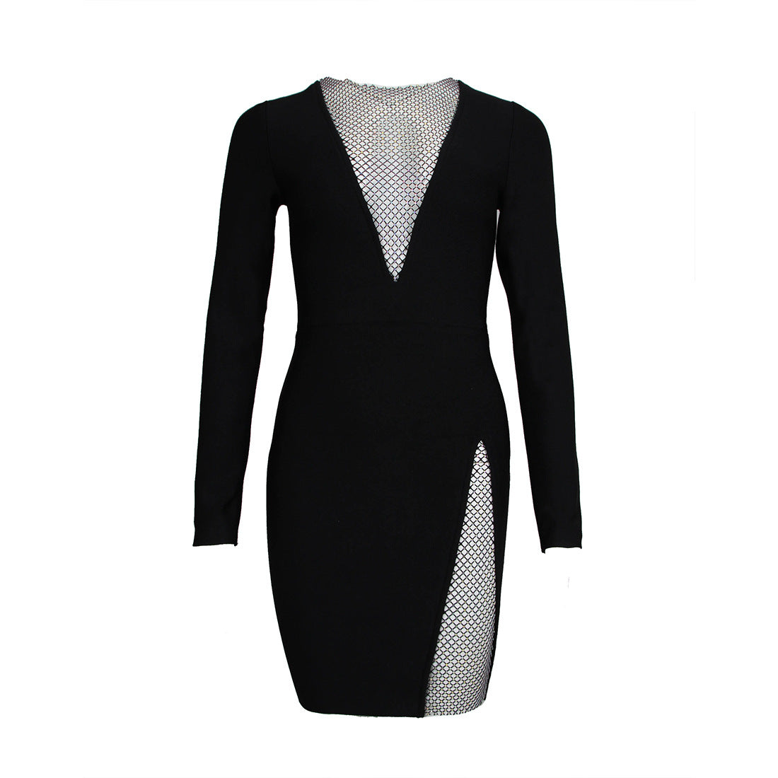 Black Bodycon Party Dress with Rhinestone Cutout – Long Sleeve Club Dress