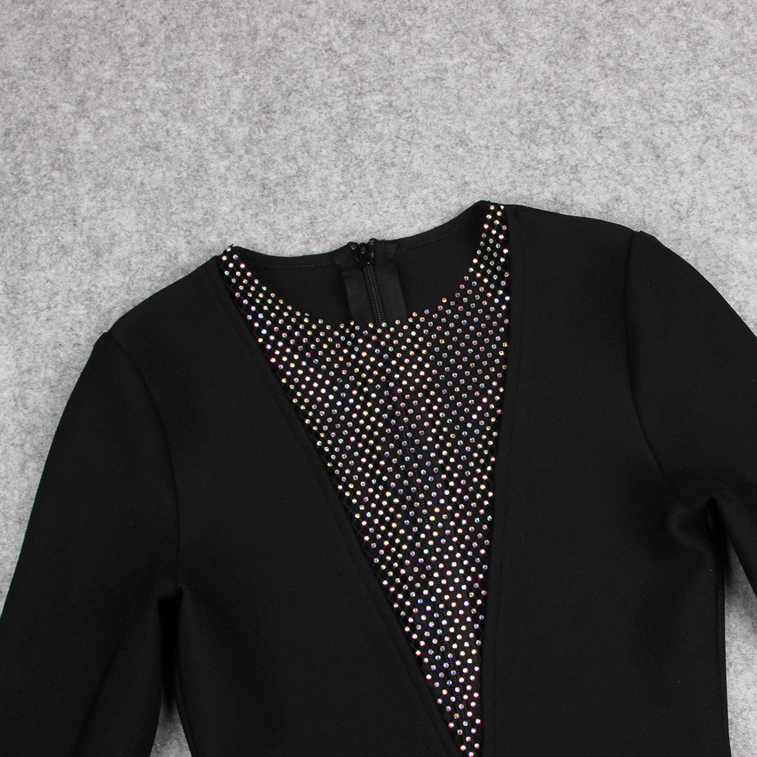 Black Bodycon Party Dress with Rhinestone Cutout – Long Sleeve Club Dress