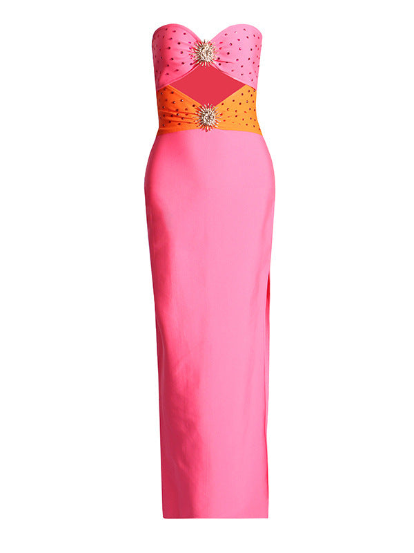 Pink Strapless Cutout Maxi Dress – Blush Bodycon Evening Dress with Crystal Detail