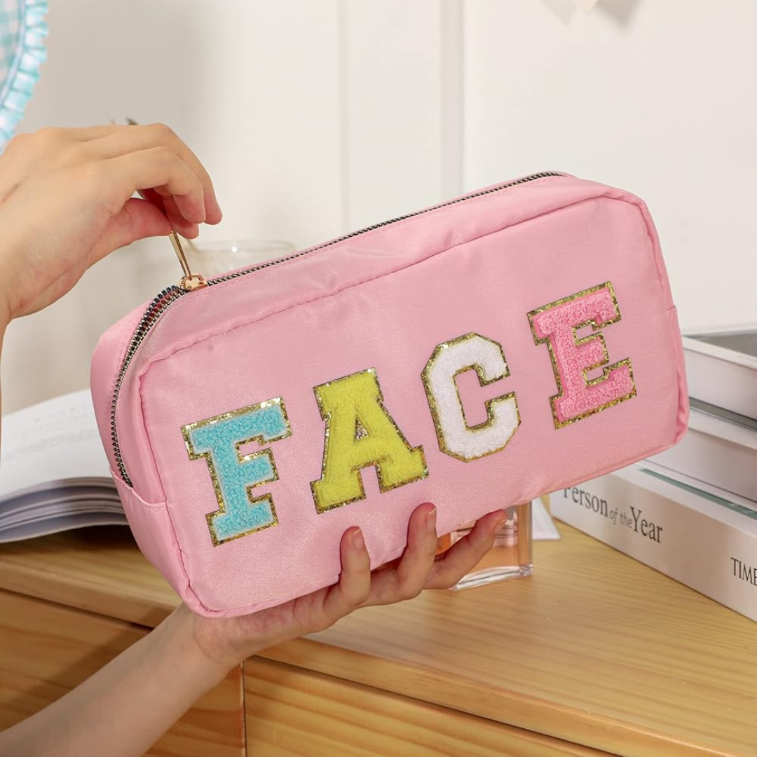Compact Travel Cosmetic Bag – Embroidered FACE Makeup Organizer Pouch for Women