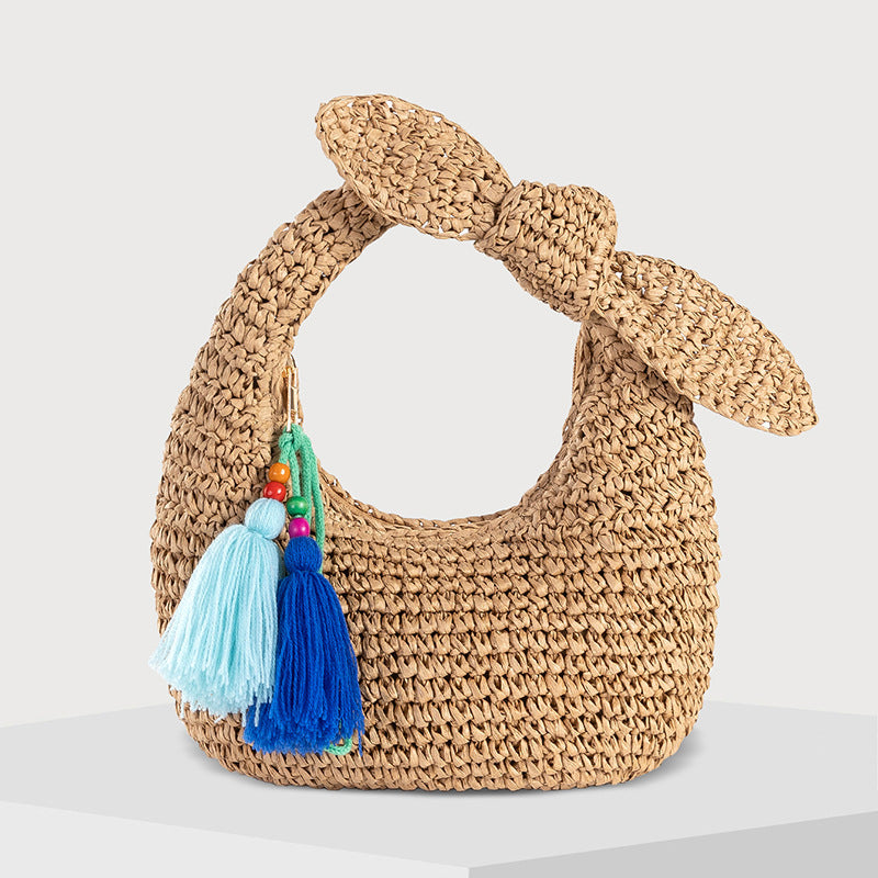 Half Moon Straw Beach Bag with Bow – Woven Summer Handbag with Colorful Tassels