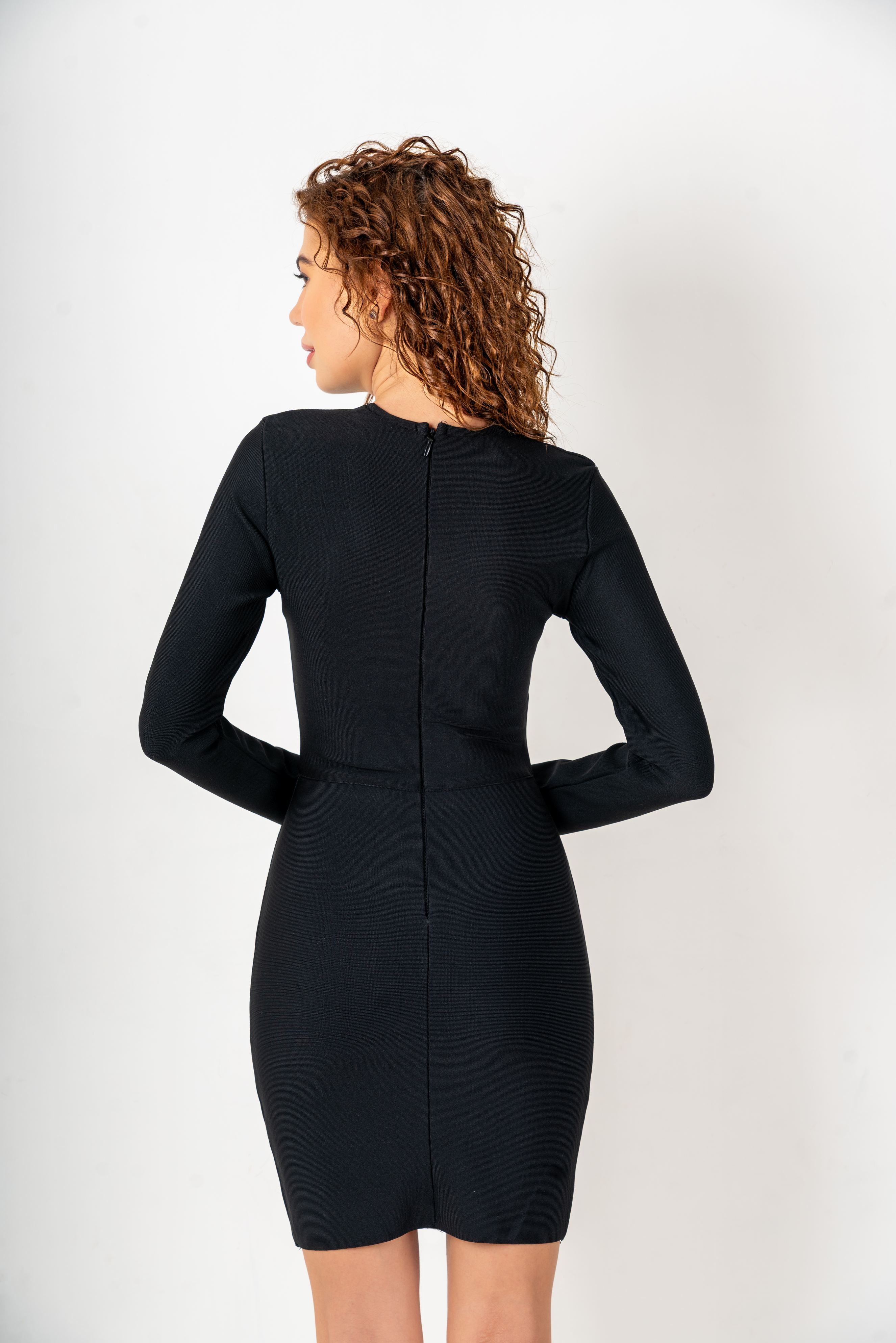 Black Bodycon Party Dress with Rhinestone Cutout – Long Sleeve Club Dress