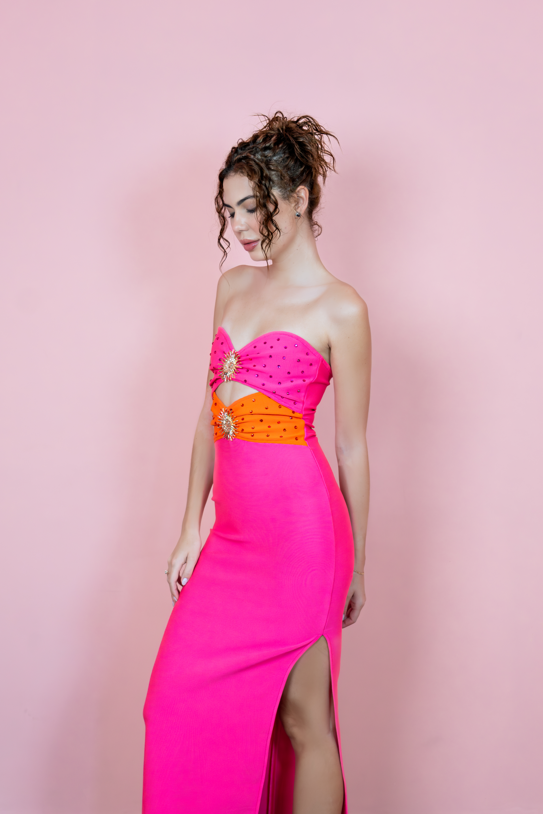 Pink Strapless Cutout Maxi Dress – Blush Bodycon Evening Dress with Crystal Detail