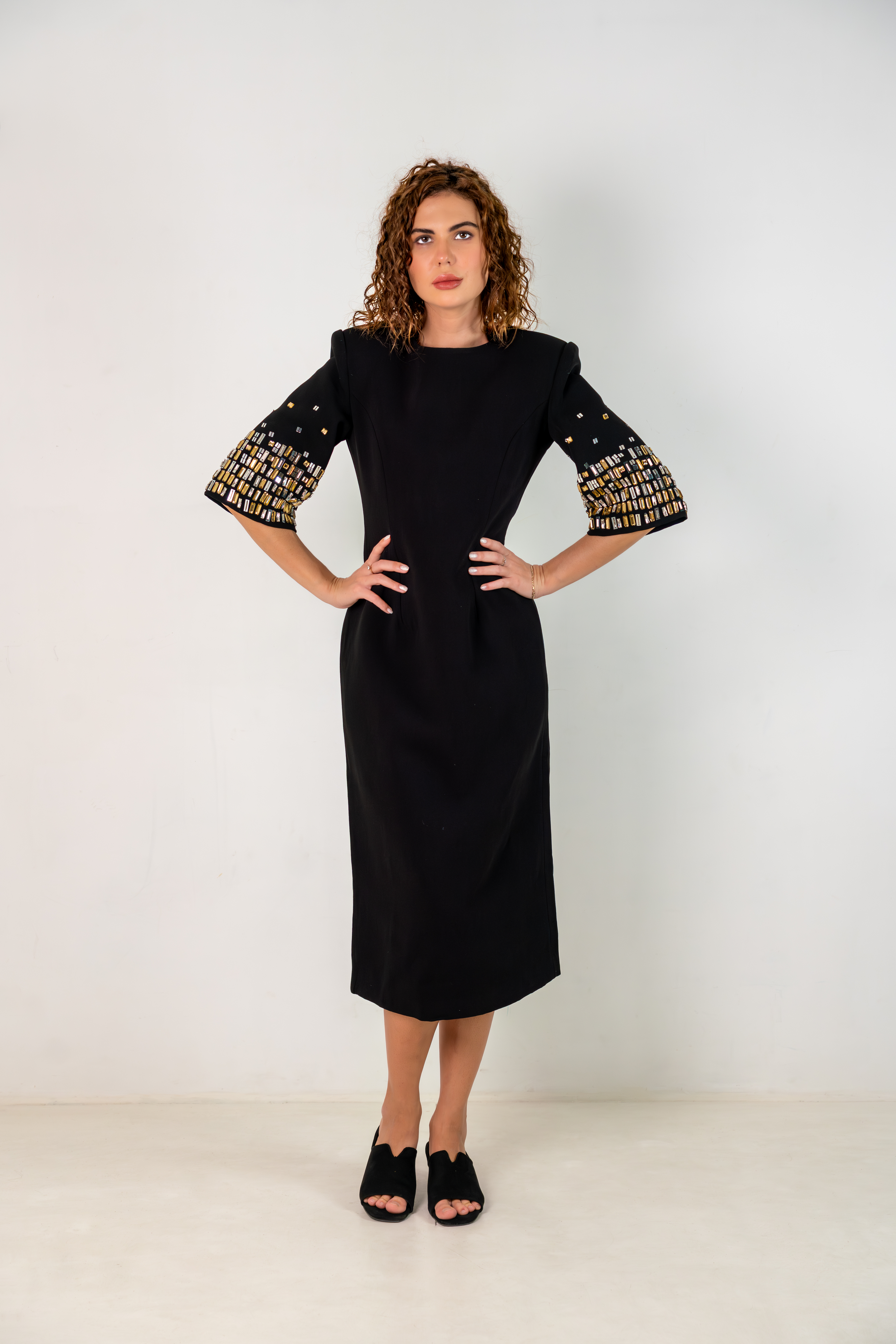 Luxury Black Cocktail Dress – Crystal Noir Embellished Sleeves