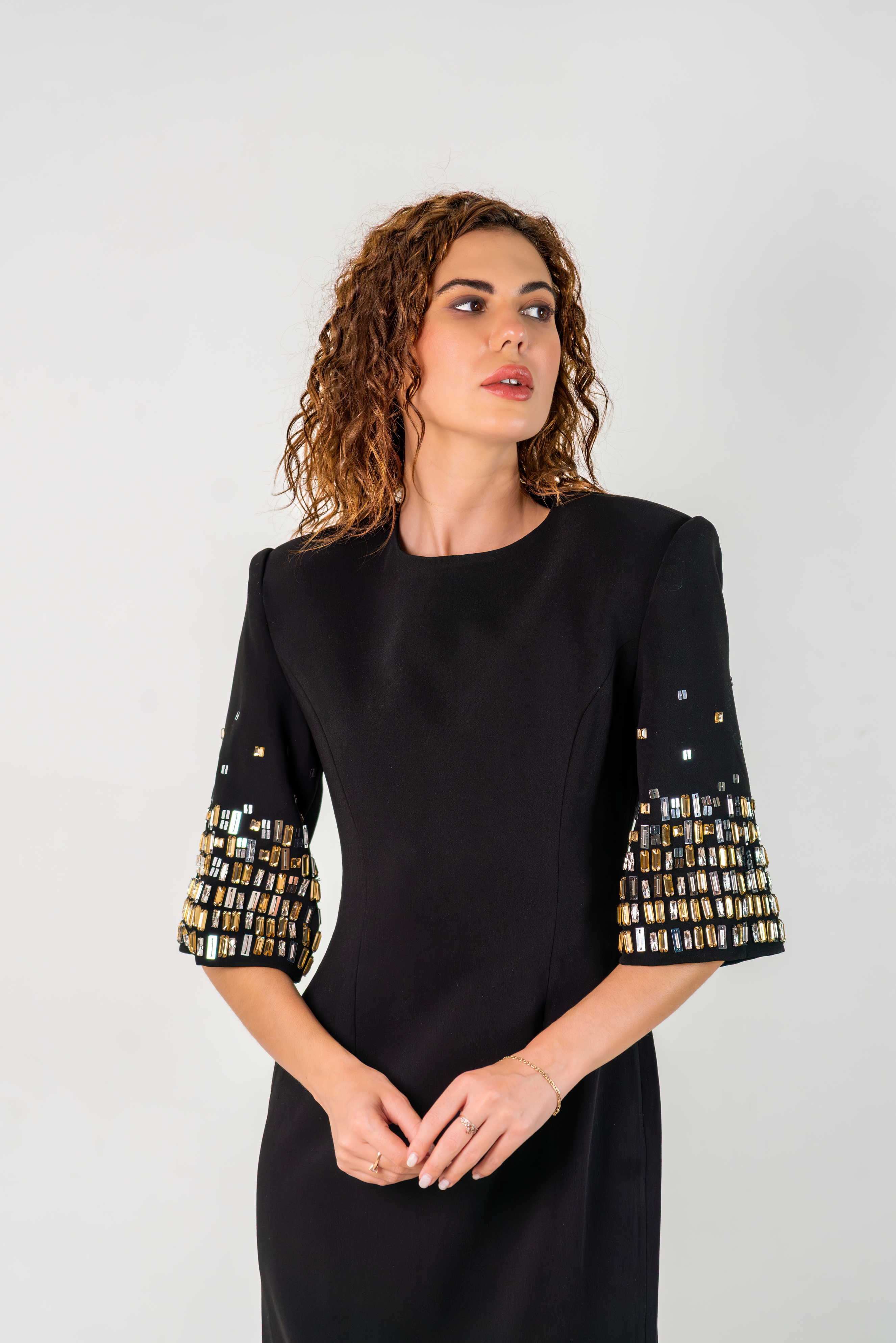Luxury Black Cocktail Dress – Crystal Noir Embellished Sleeves
