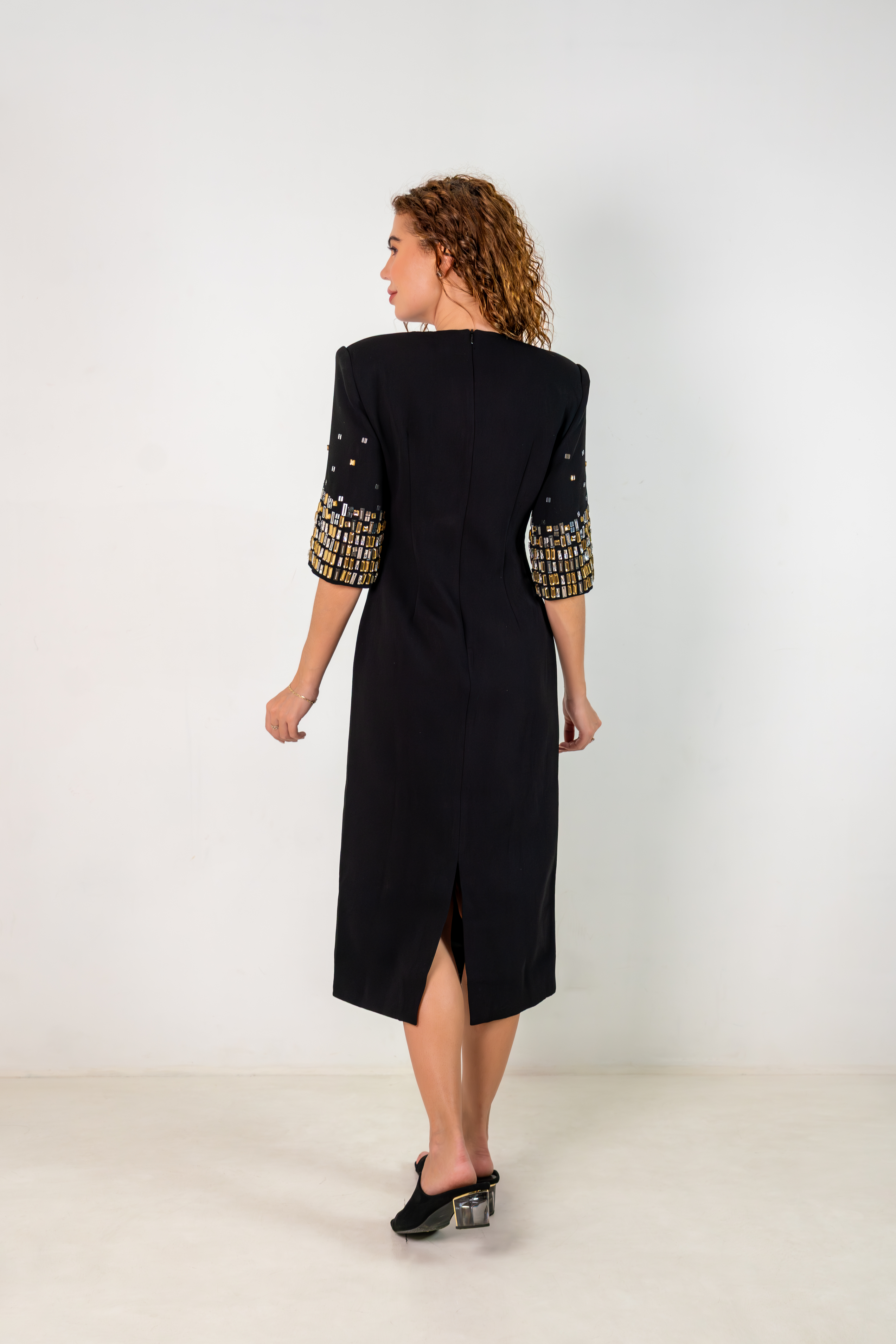 Luxury Black Cocktail Dress – Crystal Noir Embellished Sleeves