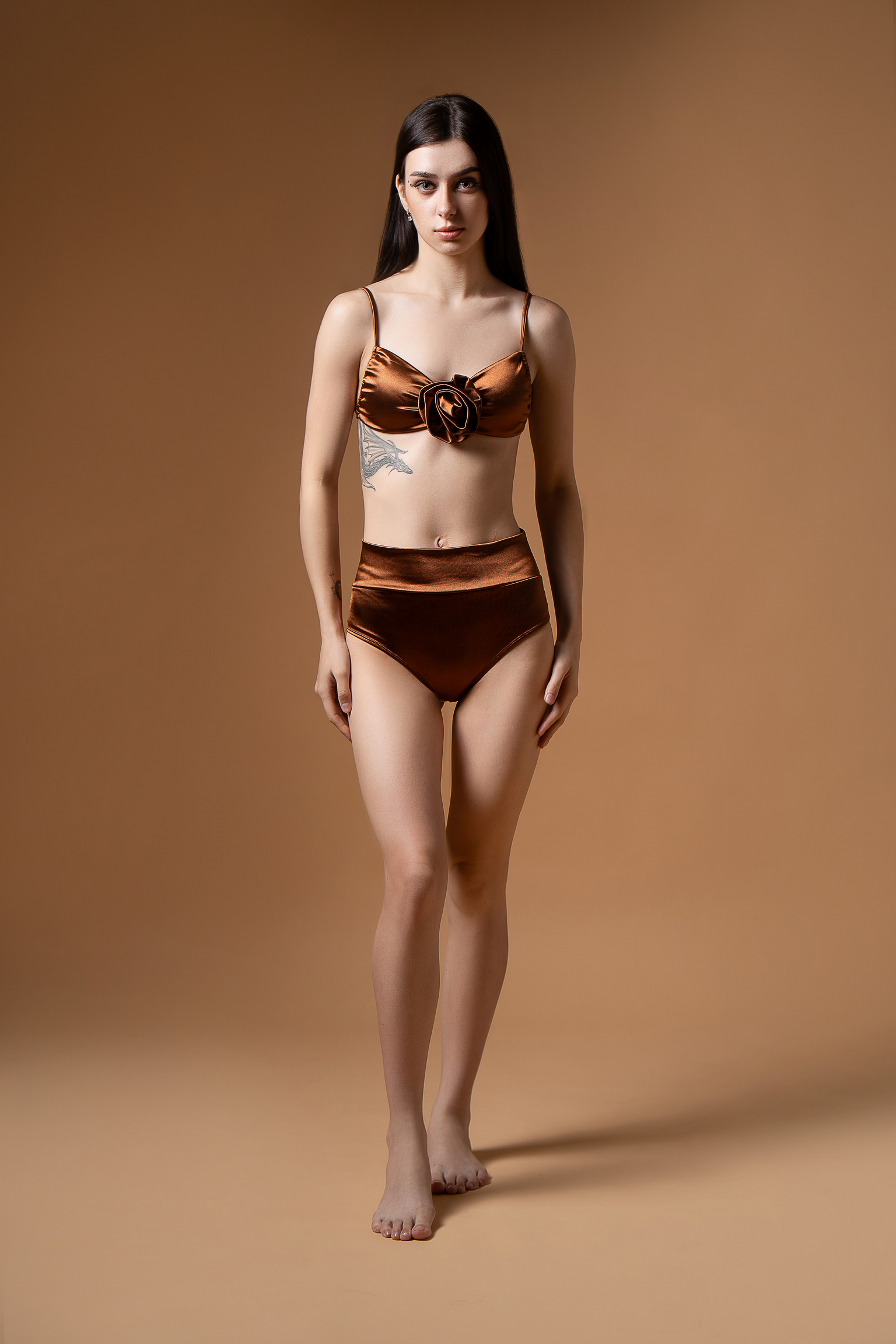 Floral Brown Satin Bikini Set – High-Waisted Two-Piece Swimsuit for Women | Elegant Summer Beachwear