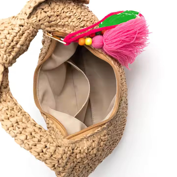 Half Moon Straw Beach Bag with Bow – Woven Summer Handbag with Colorful Tassels