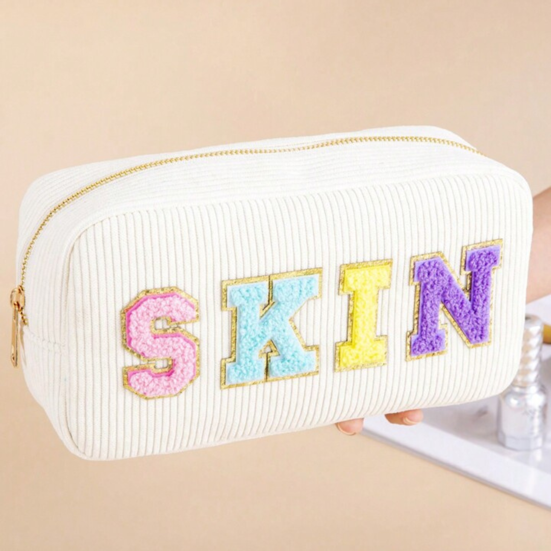 Compact SKIN Embroidered Cosmetic Bag – Travel Makeup Organizer Pouch for Women