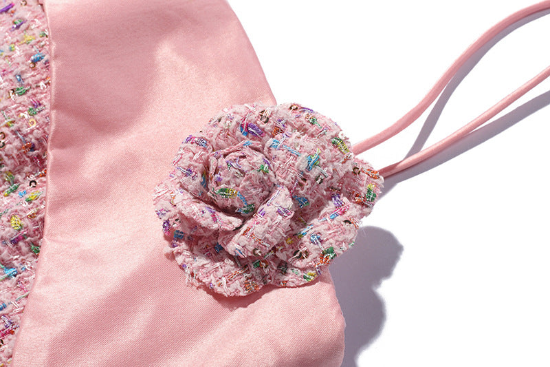 Pink Whimsy Designer Dress – Spaghetti Straps Midi in Textured Tweed