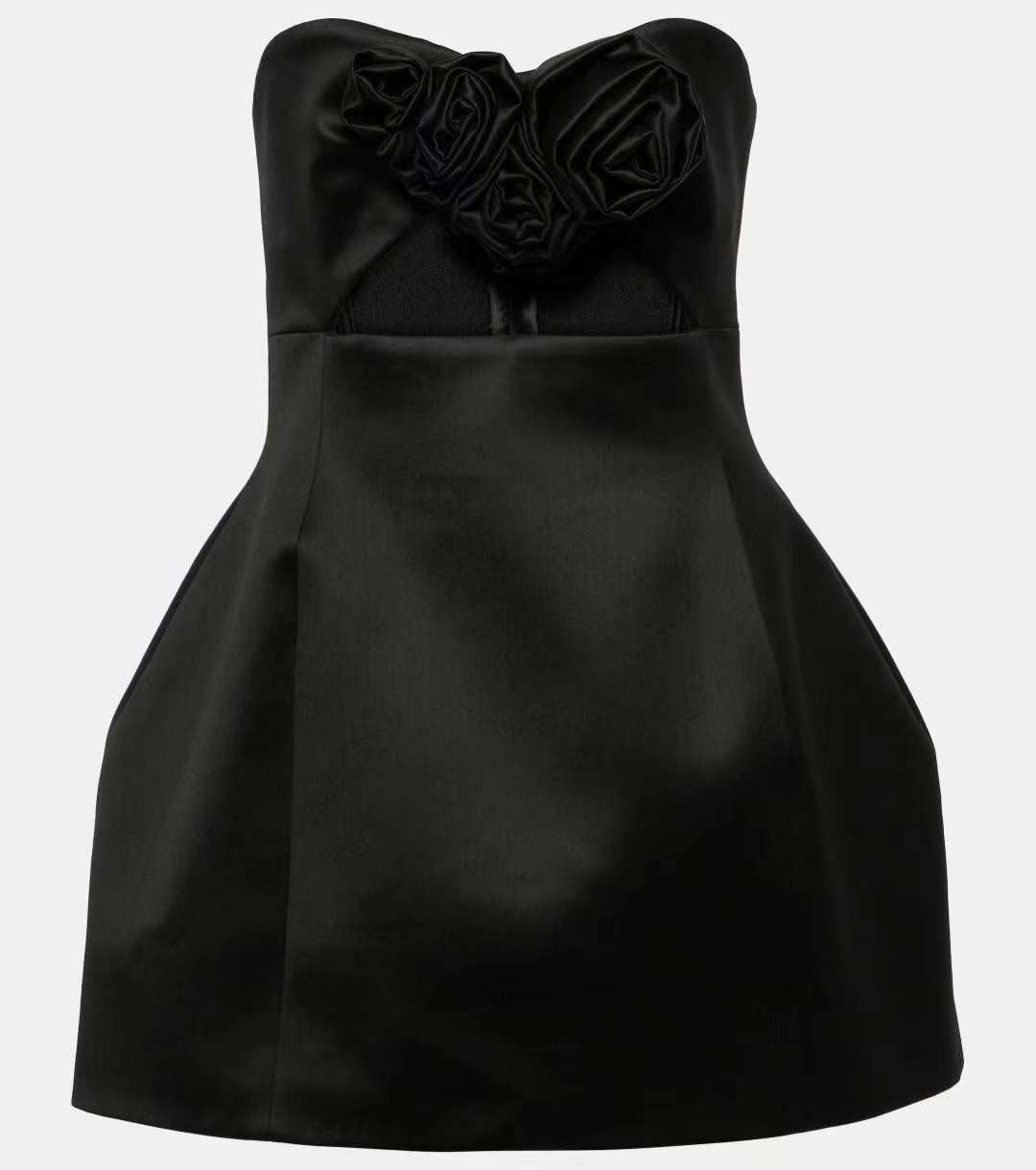 Strapless Black Mini Dress with Rose Detail – Elegant Bodycon Party Dress