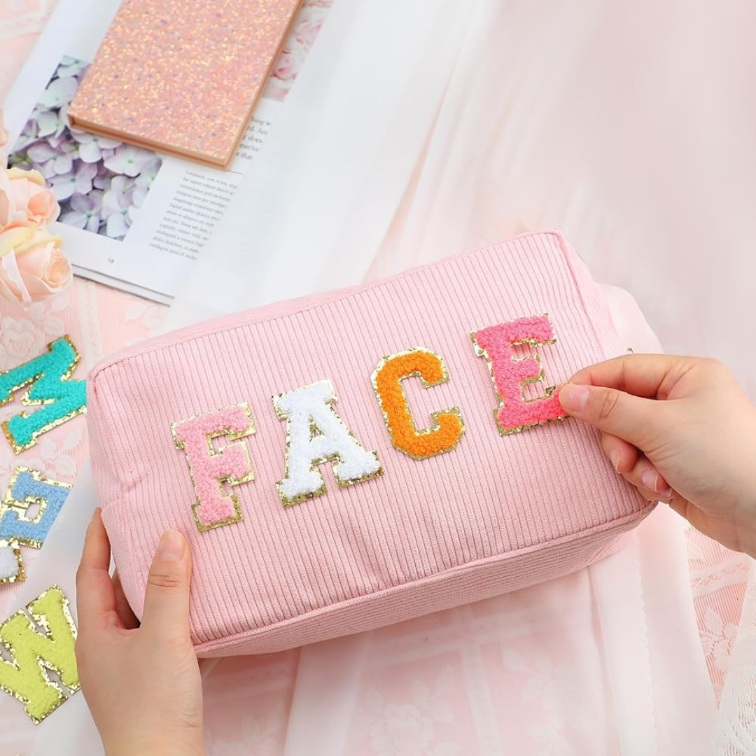 Compact Travel Cosmetic Bag – Embroidered FACE Makeup Organizer Pouch for Women