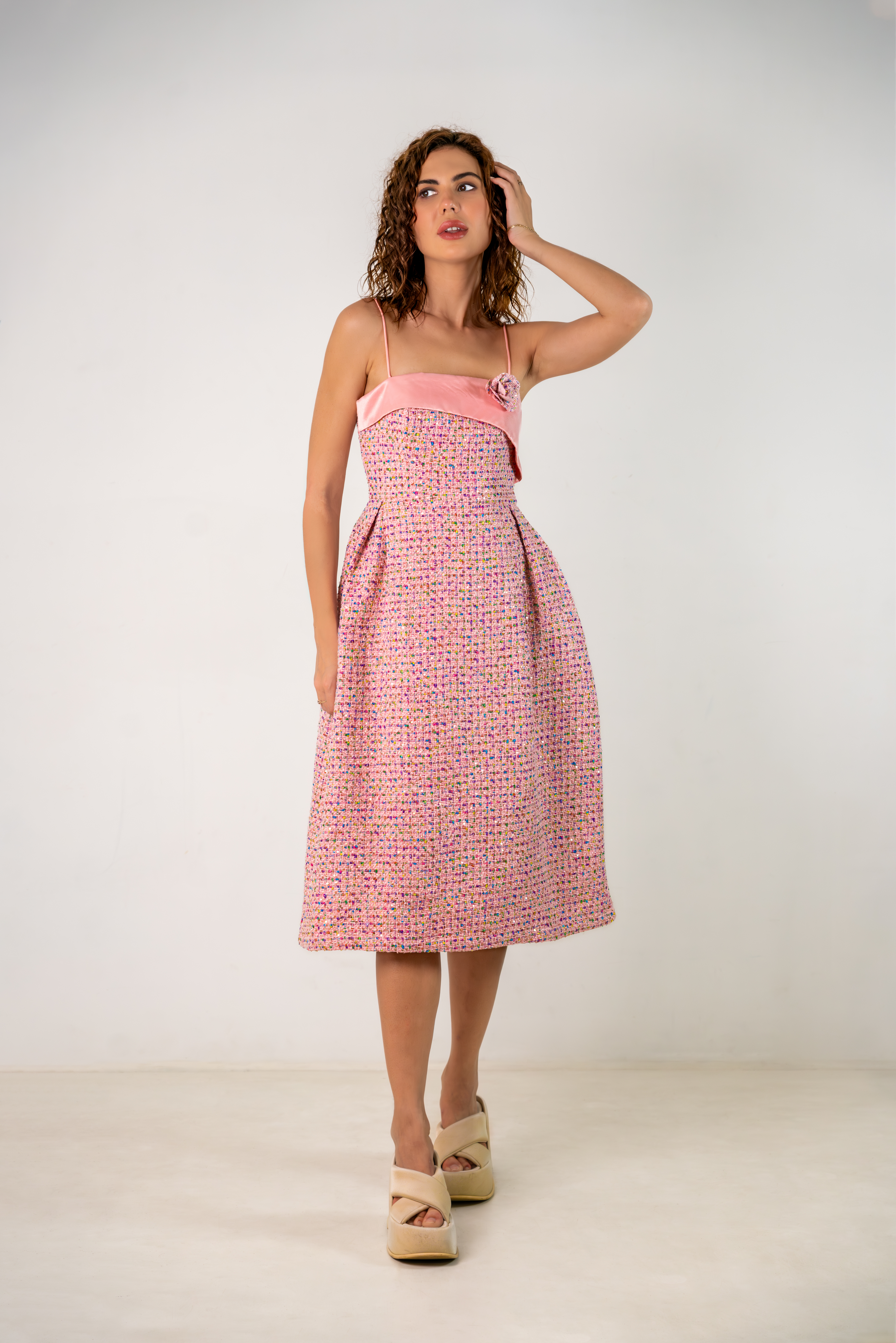 Pink Whimsy Designer Dress – Spaghetti Straps Midi in Textured Tweed