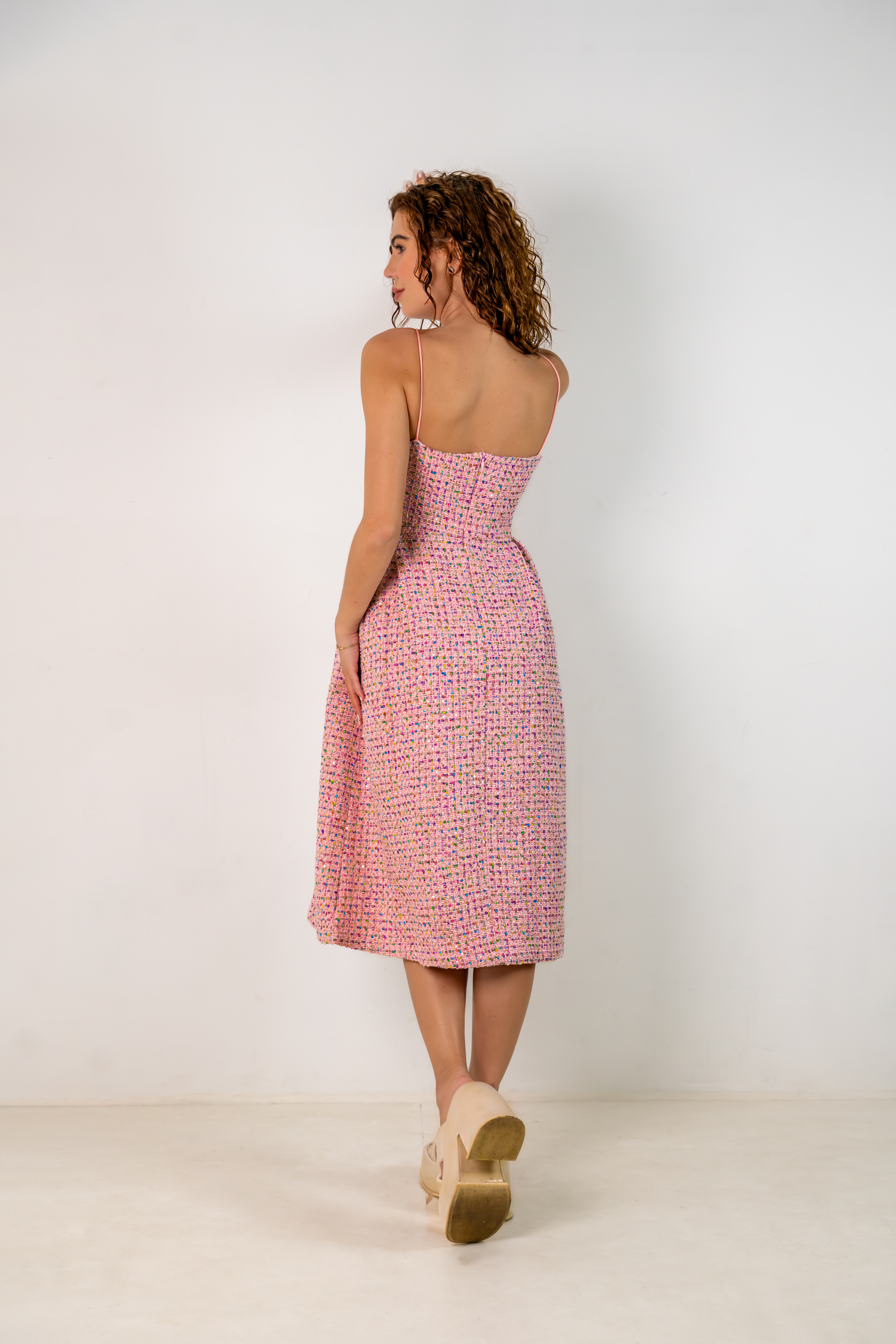 Pink Whimsy Designer Dress – Spaghetti Straps Midi in Textured Tweed
